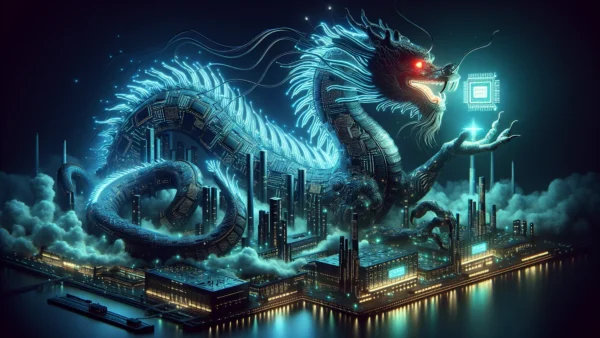 דרקון סיני עשוי ממעגלים אלקטרוניים מסביב למפעל שבבים, מחזיק תג מחיר של דיפסיק V4