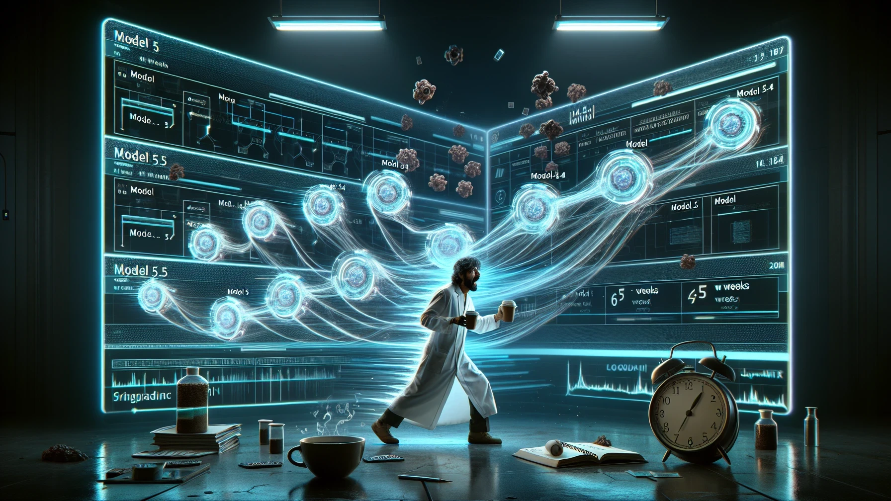 מדען מבולגן עומד מול ציר זמן הולוגרפי של גרסאות ג'יפיטי עם שעון ספירה לאחור של שישה שבועות